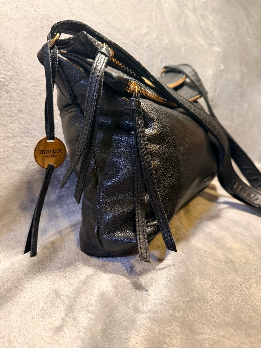 Margot Double Zip Black Supple Leather Crossbody w/ Brass Hardware - Picture 1 of 9